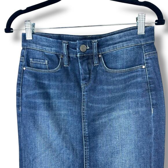 BLANKNYC Faithful Dark Denim Stretchy High Waist Midi Pencil Skirt Size 25 - Picture 2 of 6